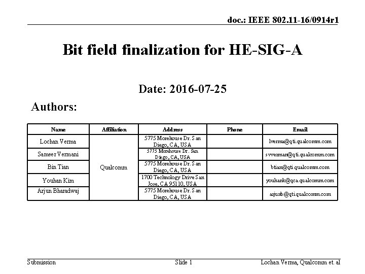 doc. : IEEE 802. 11 -16/0914 r 1 Bit field finalization for HE-SIG-A Date: