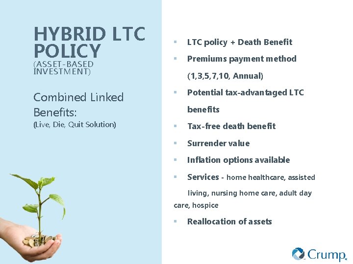 HYBRID LTC POLICY (ASSET-BASED INVESTMENT) Combined Linked Benefits: (Live, Die, Quit Solution) § LTC