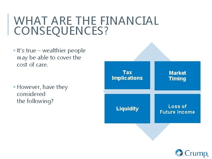WHAT ARE THE FINANCIAL CONSEQUENCES? § It’s true – wealthier people may be able