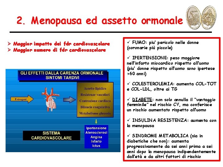 2. Menopausa ed assetto ormonale Ø Maggior impatto dei fdr cardiovascolare Ø Maggior numero