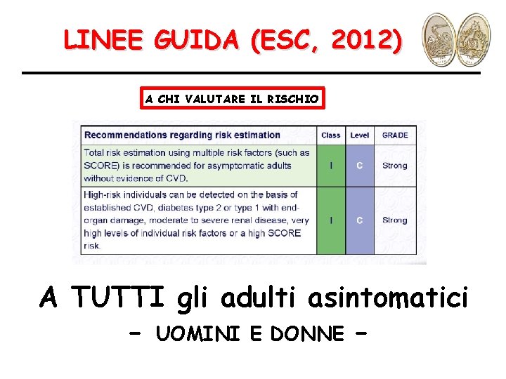 LINEE GUIDA (ESC, 2012) A CHI VALUTARE IL RISCHIO A TUTTI gli adulti asintomatici