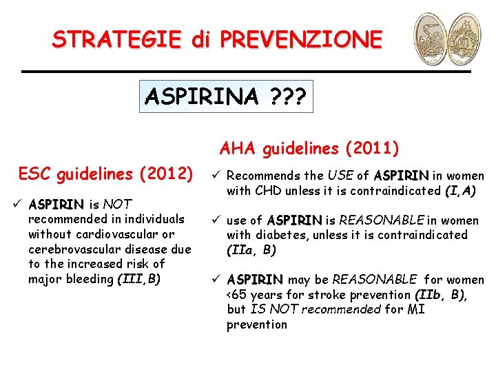 STRATEGIE di PREVENZIONE ASPIRINA ? ? ? AHA guidelines (2011) ESC guidelines (2012) ü