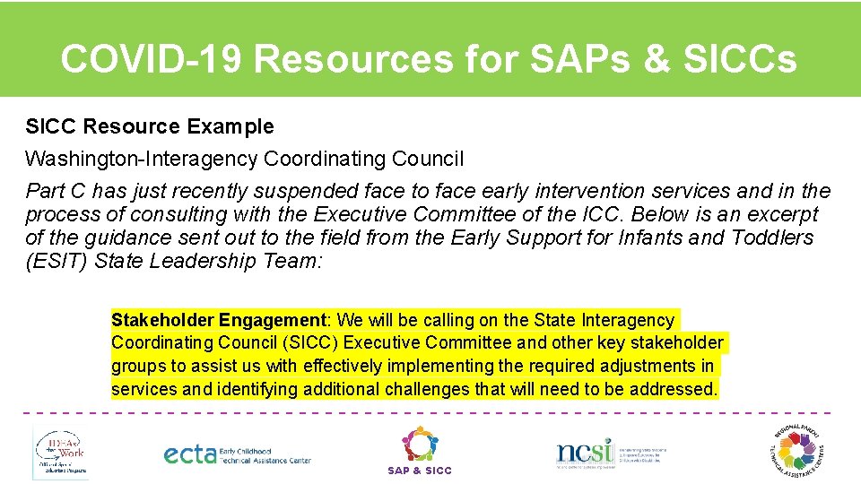 COVID-19 Resources for SAPs & SICCs SICC Resource Example Washington-Interagency Coordinating Council Part C