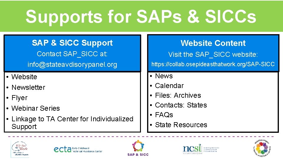 Supports for SAPs & SICCs SAP & SICC Support Website Content Contact SAP_SICC at:
