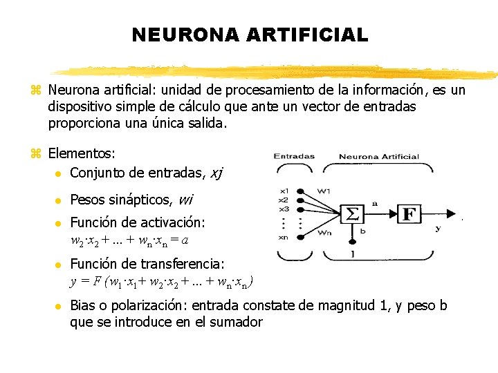 NEURONA ARTIFICIAL z Neurona artificial: unidad de procesamiento de la información, es un dispositivo
