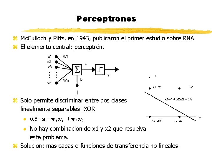 Perceptrones z Mc. Culloch y Pitts, en 1943, publicaron el primer estudio sobre RNA.