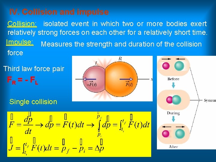 IV. Collision and impulse Collision: isolated event in which two or more bodies exert