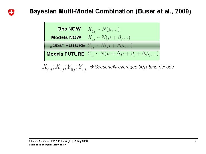 Bayesian Multi-Model Combination (Buser et al. , 2009) Obs NOW Models NOW „Obs“ FUTURE