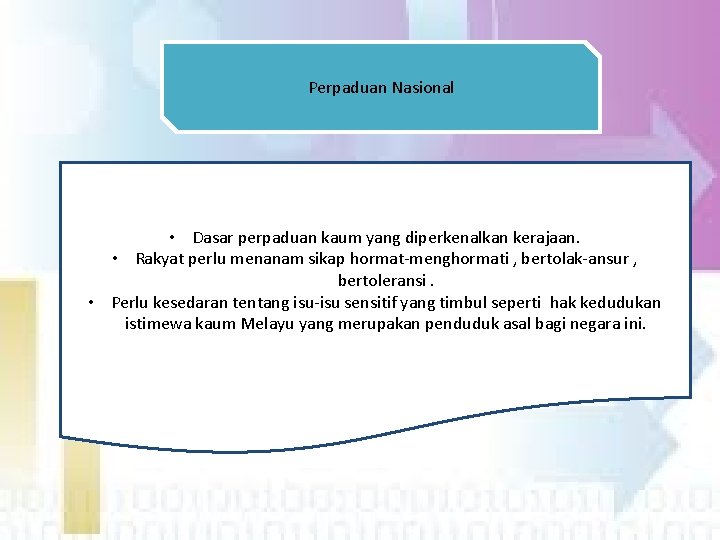 Perpaduan Nasional • Dasar perpaduan kaum yang diperkenalkan kerajaan. • Rakyat perlu menanam sikap