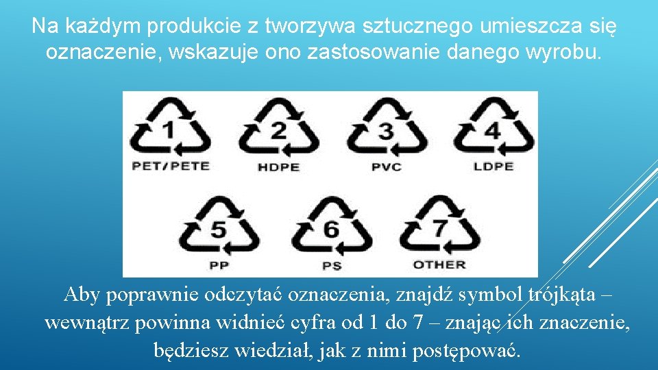 Na każdym produkcie z tworzywa sztucznego umieszcza się oznaczenie, wskazuje ono zastosowanie danego wyrobu.