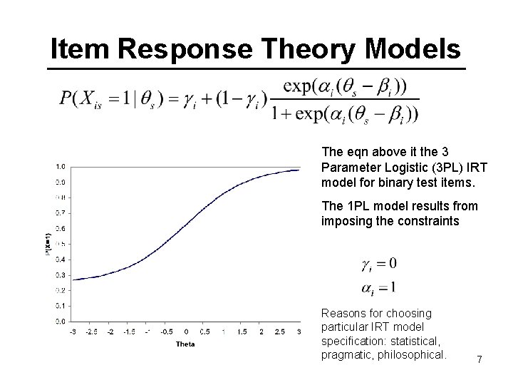 Item Response Theory Models The eqn above it the 3 Parameter Logistic (3 PL)