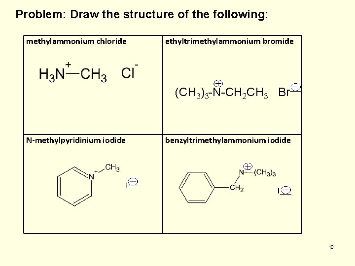 Problem: Draw the structure of the following: methylammonium chloride ethyltrimethylammonium bromide (CH 3)3 -N-CH