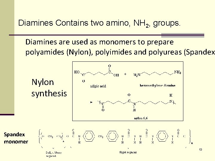Diamines Contains two amino, NH 2, groups. Diamines are used as monomers to prepare