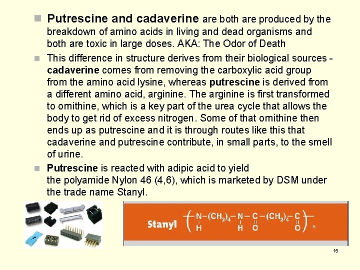 n Putrescine and cadaverine are both are produced by the breakdown of amino acids