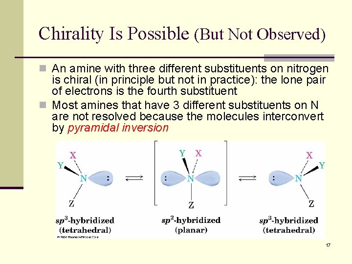 Chirality Is Possible (But Not Observed) n An amine with three different substituents on