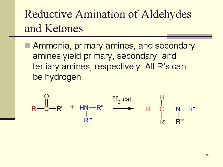 Reductive Amination of Aldehydes and Ketones n Ammonia, primary amines, and secondary amines yield