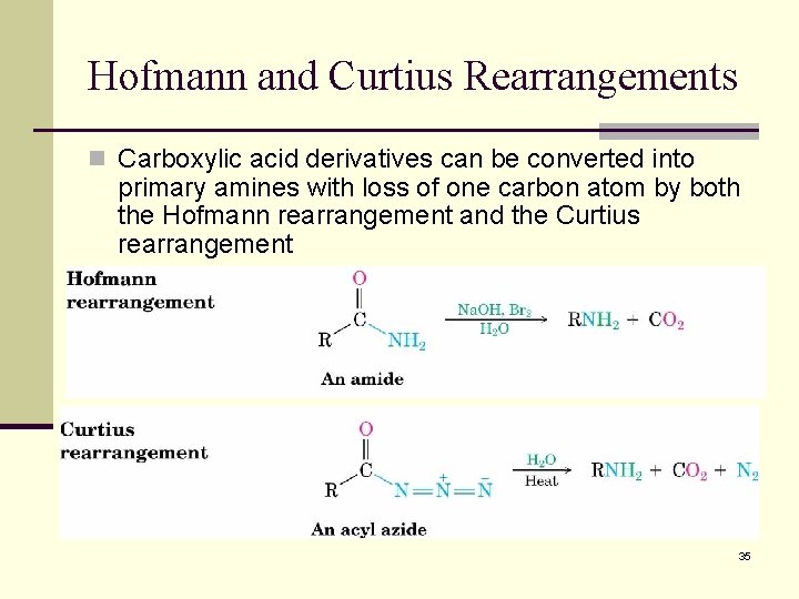 Hofmann and Curtius Rearrangements n Carboxylic acid derivatives can be converted into primary amines