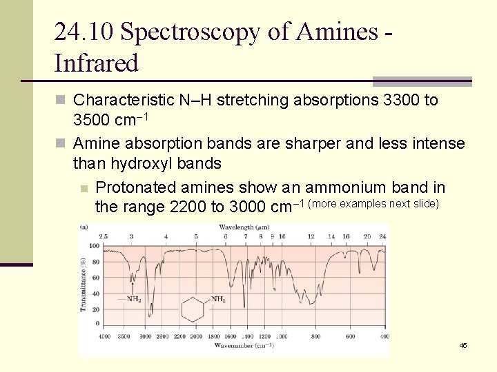 24. 10 Spectroscopy of Amines Infrared n Characteristic N–H stretching absorptions 3300 to 3500