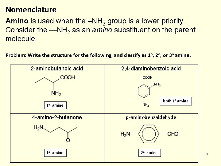 Nomenclature Amino is used when the –NH 2 group is a lower priority. Consider
