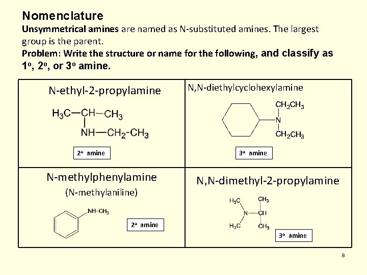 Nomenclature Unsymmetrical amines are named as N-substituted amines. The largest group is the parent.