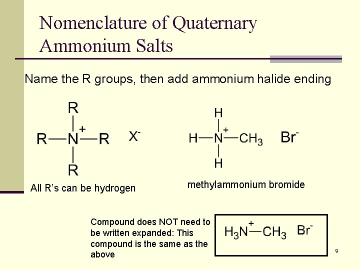 Nomenclature of Quaternary Ammonium Salts Name the R groups, then add ammonium halide ending