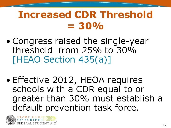Increased CDR Threshold = 30% • Congress raised the single-year threshold from 25% to