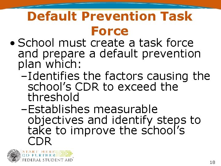 Default Prevention Task Force • School must create a task force and prepare a