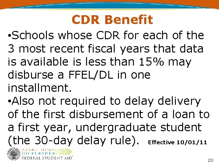 CDR Benefit • Schools whose CDR for each of the 3 most recent fiscal