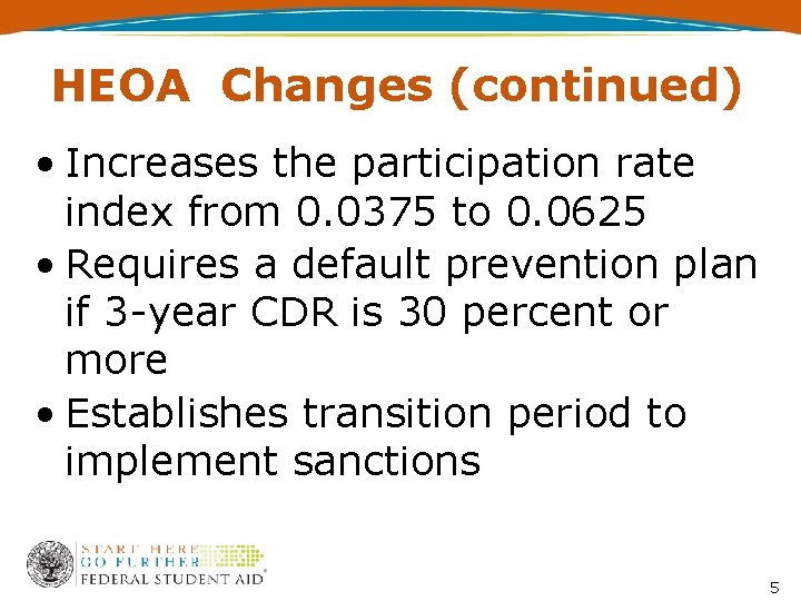 HEOA Changes (continued) • Increases the participation rate index from 0. 0375 to 0.