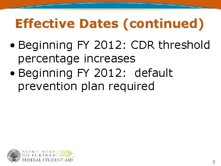 Effective Dates (continued) • Beginning FY 2012: CDR threshold percentage increases • Beginning FY