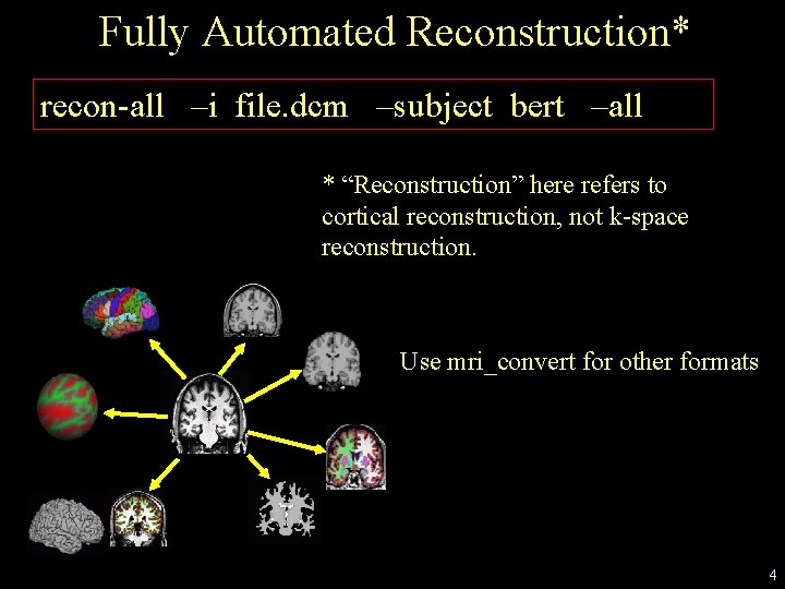 Fully Automated Reconstruction* recon-all –i file. dcm –subject bert –all * “Reconstruction” here refers