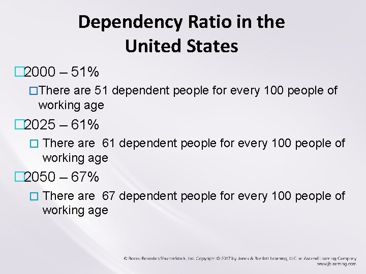 Dependency Ratio in the United States � 2000 – 51% �There are 51 dependent