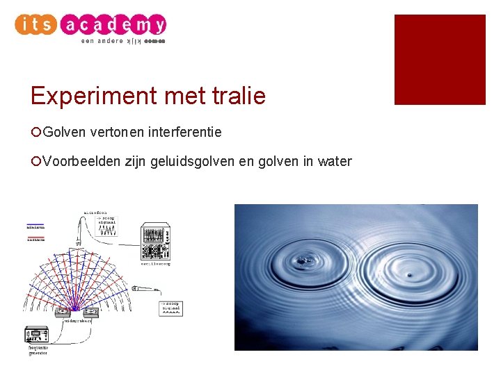 Experiment met tralie ¡Golven vertonen interferentie ¡Voorbeelden zijn geluidsgolven en golven in water 