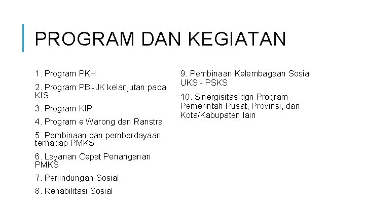 PROGRAM DAN KEGIATAN 1. Program PKH 2. Program PBI-JK kelanjutan pada KIS 3. Program