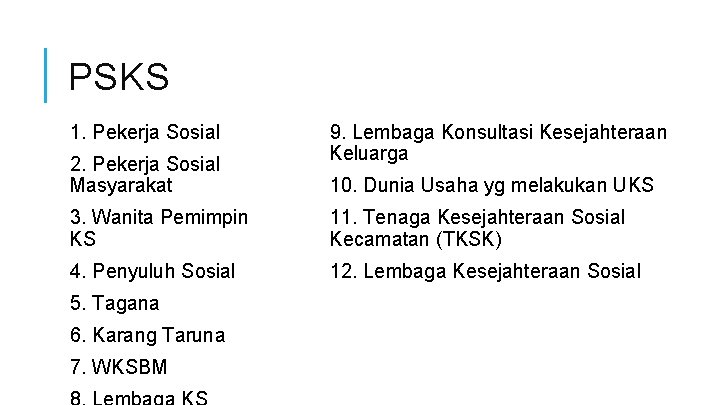 PSKS 1. Pekerja Sosial 2. Pekerja Sosial Masyarakat 9. Lembaga Konsultasi Kesejahteraan Keluarga 10.