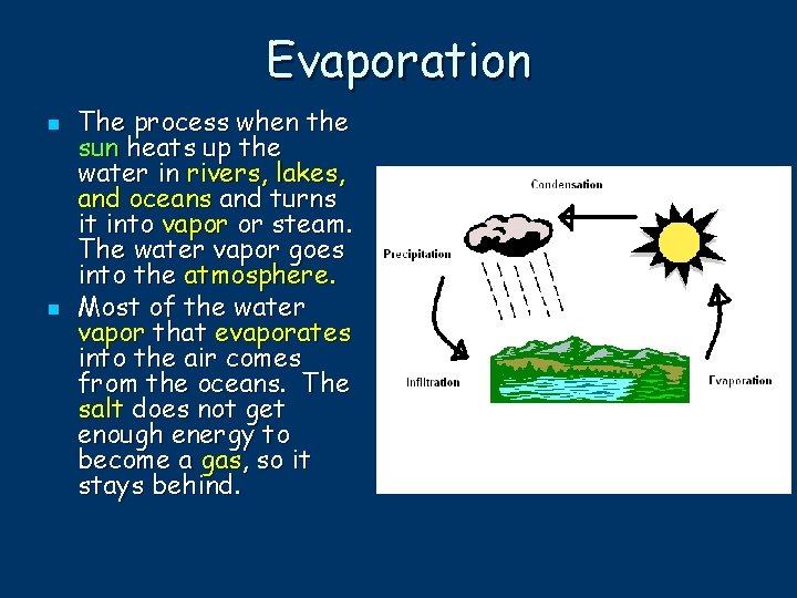 Evaporation n n The process when the sun heats up the water in rivers,