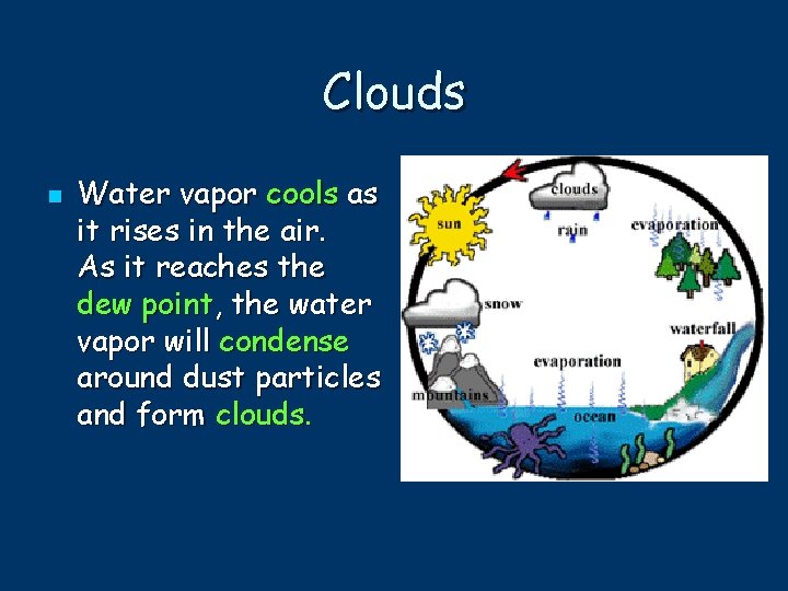 Clouds n Water vapor cools as it rises in the air. As it reaches