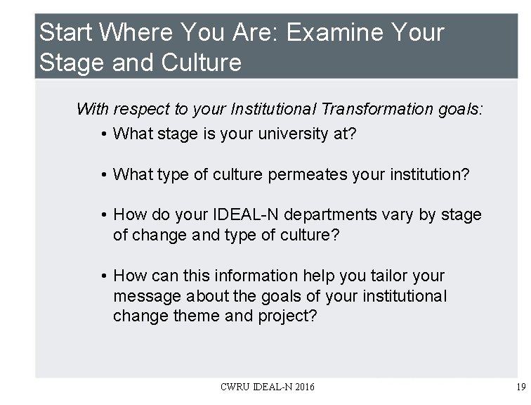 Start Where You Are: Examine Your Stage and Culture With respect to your Institutional