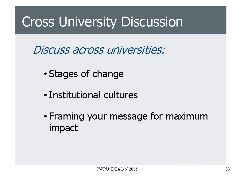 Cross University Discussion Discuss across universities: • Stages of change • Institutional cultures •