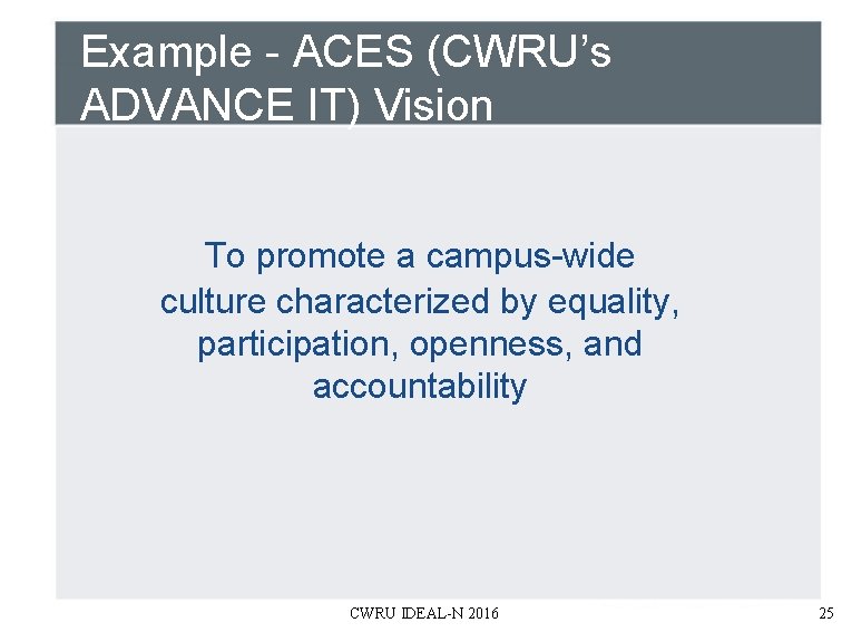 Example - ACES (CWRU’s ADVANCE IT) Vision To promote a campus-wide culture characterized by