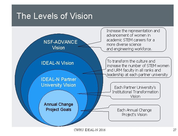 The Levels of Vision NSF-ADVANCE Vision IDEAL-N Partner University Vision Annual Change Project Goals