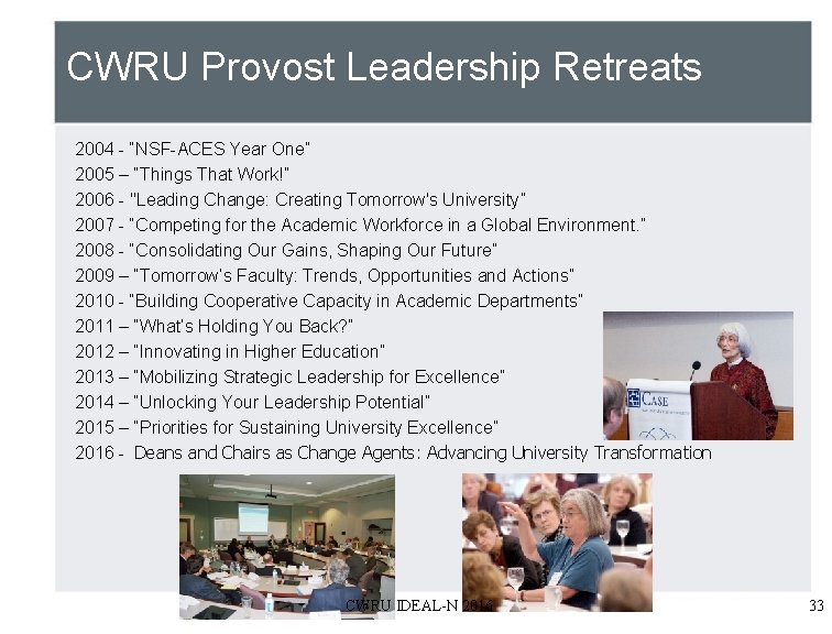 CWRU Provost Leadership Retreats 2004 - “NSF-ACES Year One” 2005 – “Things That Work!”