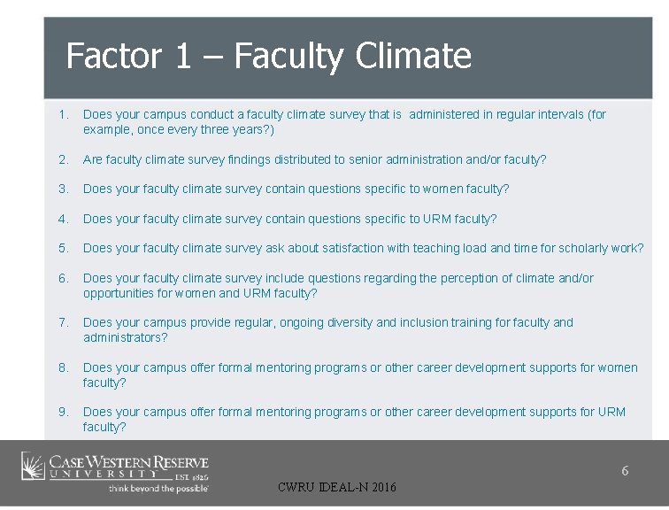 Factor 1 – Faculty Climate 1. Does your campus conduct a faculty climate survey