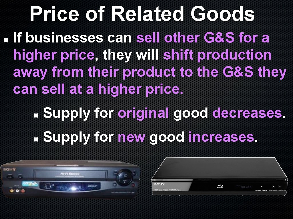 Price of Related Goods If businesses can sell other G&S for a higher price,