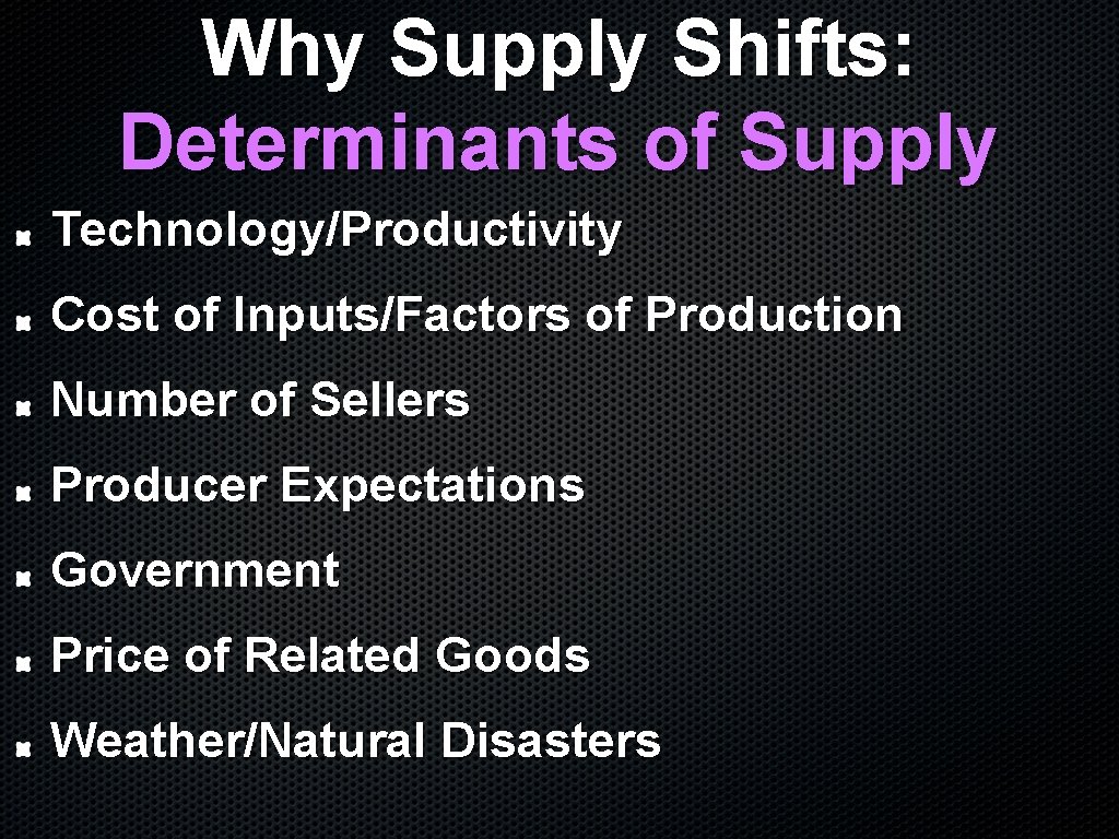 Why Supply Shifts: Determinants of Supply Technology/Productivity Cost of Inputs/Factors of Production Number of