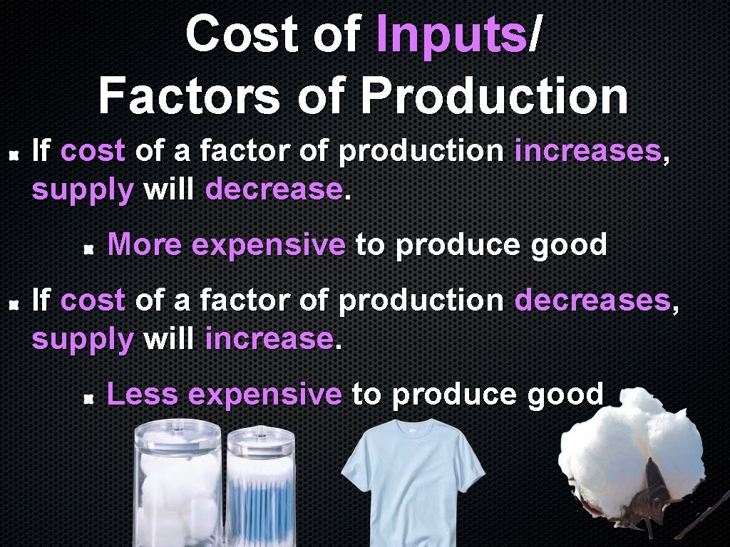 Cost of Inputs/ Factors of Production If cost of a factor of production increases,