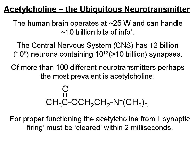 Acetylcholine – the Ubiquitous Neurotransmitter The human brain operates at ~25 W and can