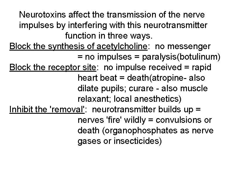 Neurotoxins affect the transmission of the nerve impulses by interfering with this neurotransmitter function