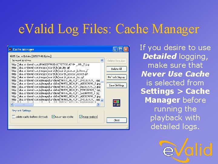 e. Valid Log Files: Cache Manager If you desire to use Detailed logging, make