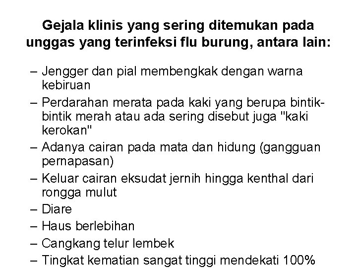 Gejala klinis yang sering ditemukan pada unggas yang terinfeksi flu burung, antara lain: –